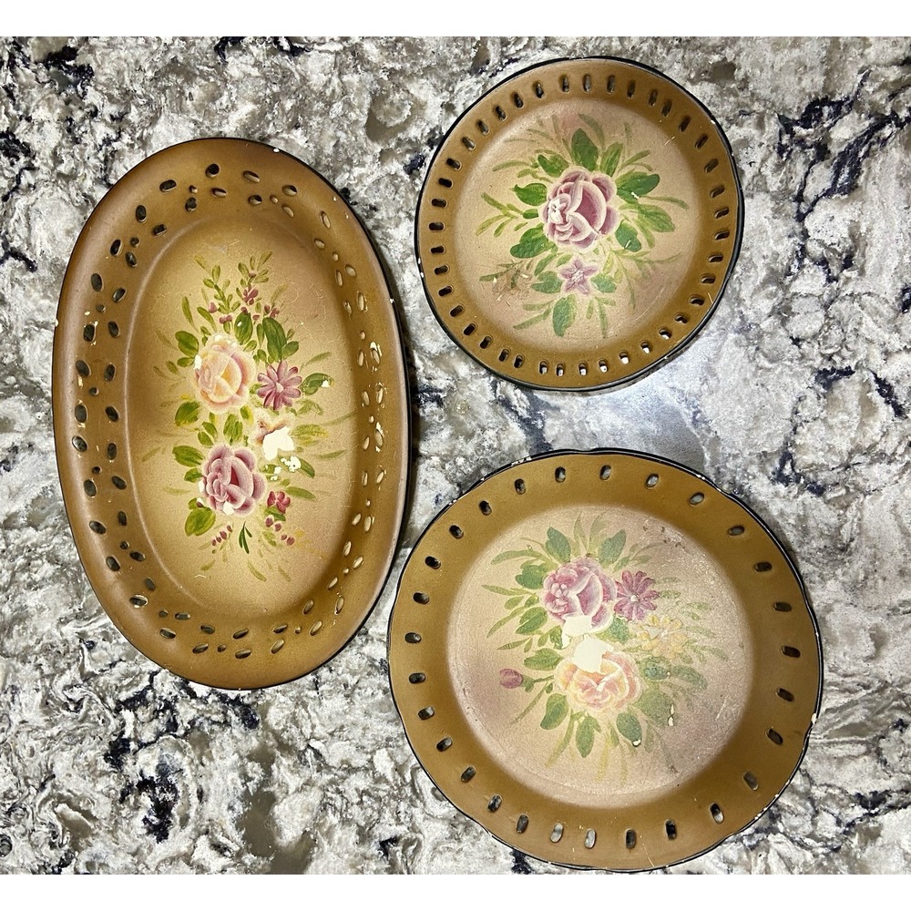 Vintage Terracotta Hand Painted Floral Cutout Border Plates Trays **see Desc